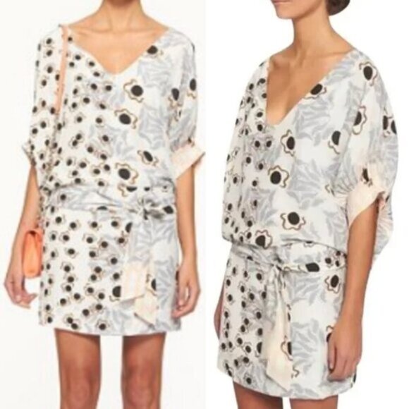 DIANE VON FURSTENBERG DVF Edna Dress Cream Ivory Geo Floral Belted Shift Dress 8